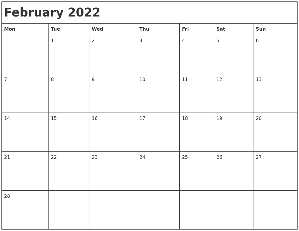 Feb 2022 Printable Calendar