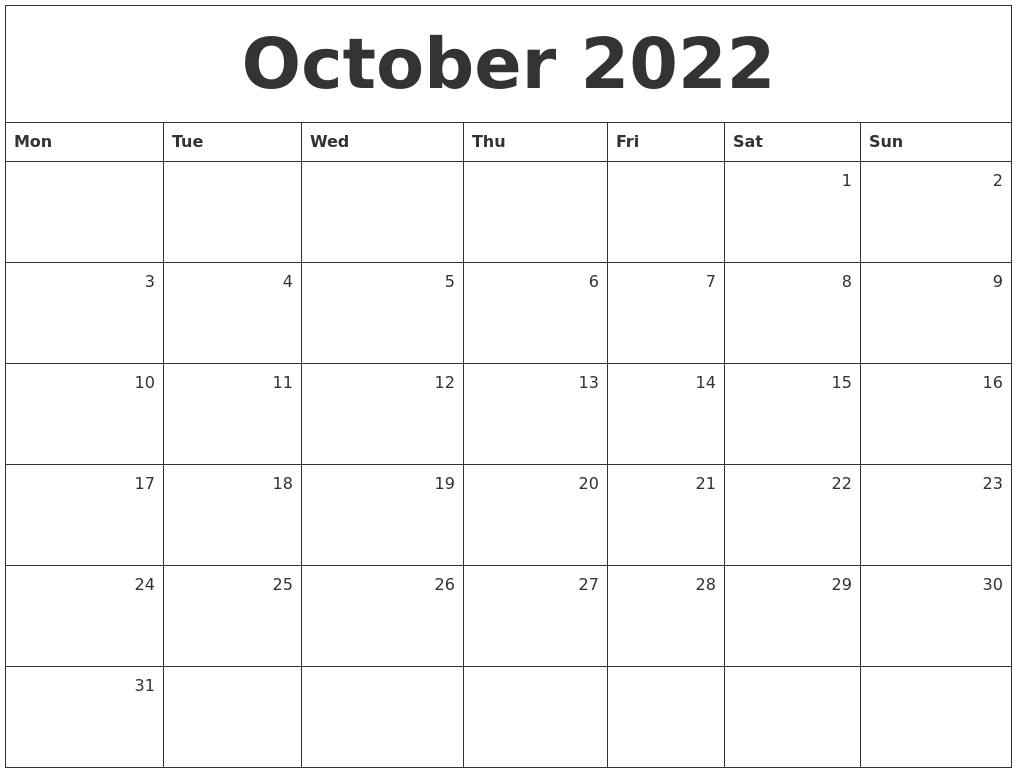 Printable October 2022 Calendar