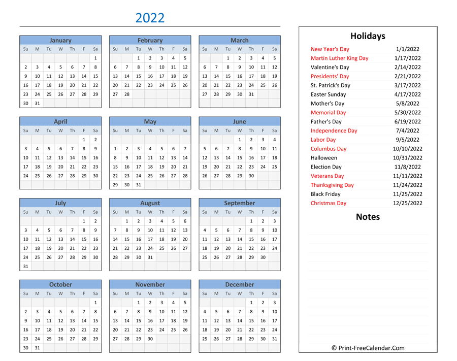 Free Printable 2022 Calendars With Holidays