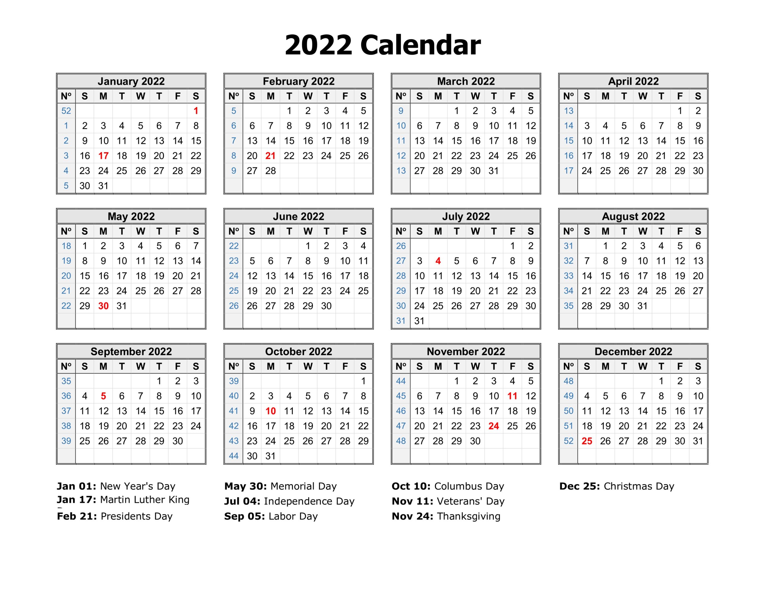 2022 Printable Calendar One Page