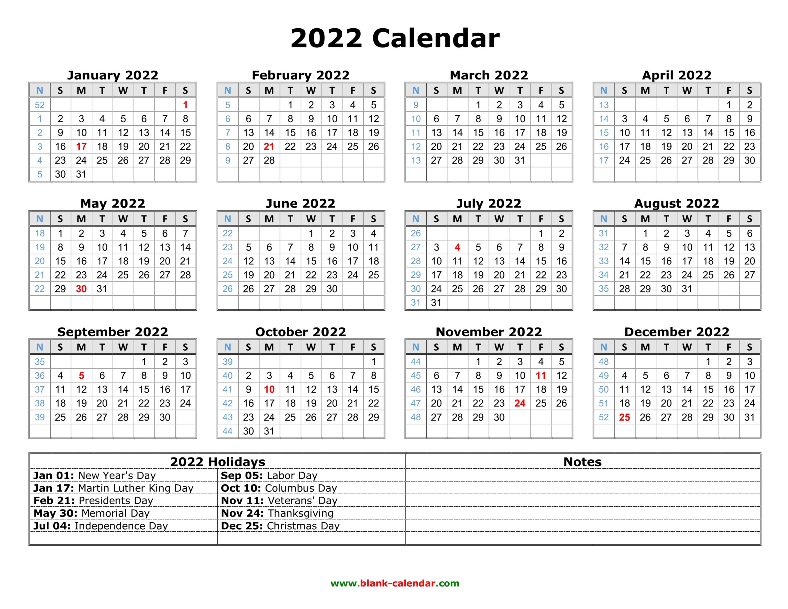 2022 Yearly Printable Calendar
