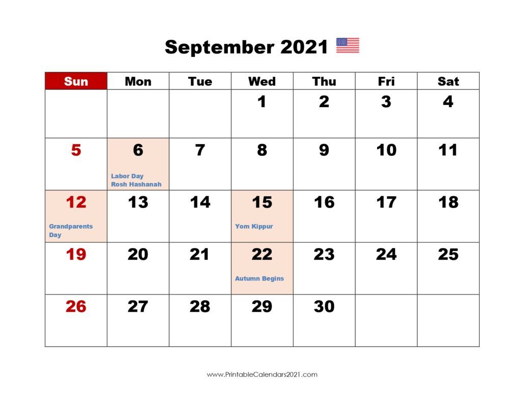Calendar September 2021 Holidays