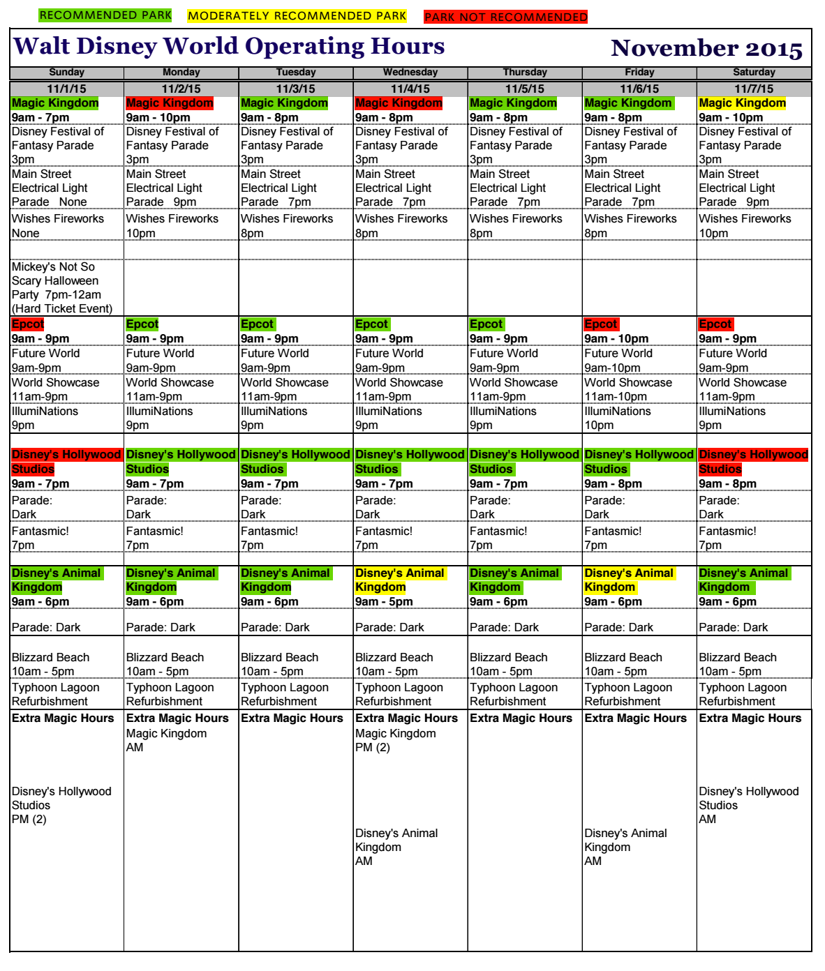Walt Disney World November 2021 Calendar