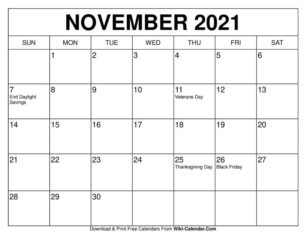 November Calendar 2021 Free Printable