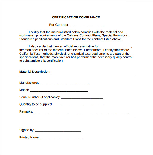 Certificate Of Compliance Template