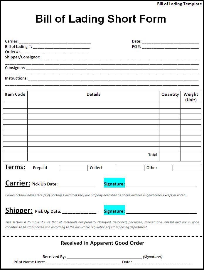 Straight Bill Of Lading Template