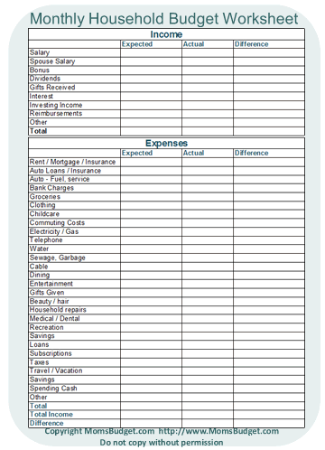 Household Budget Worksheet