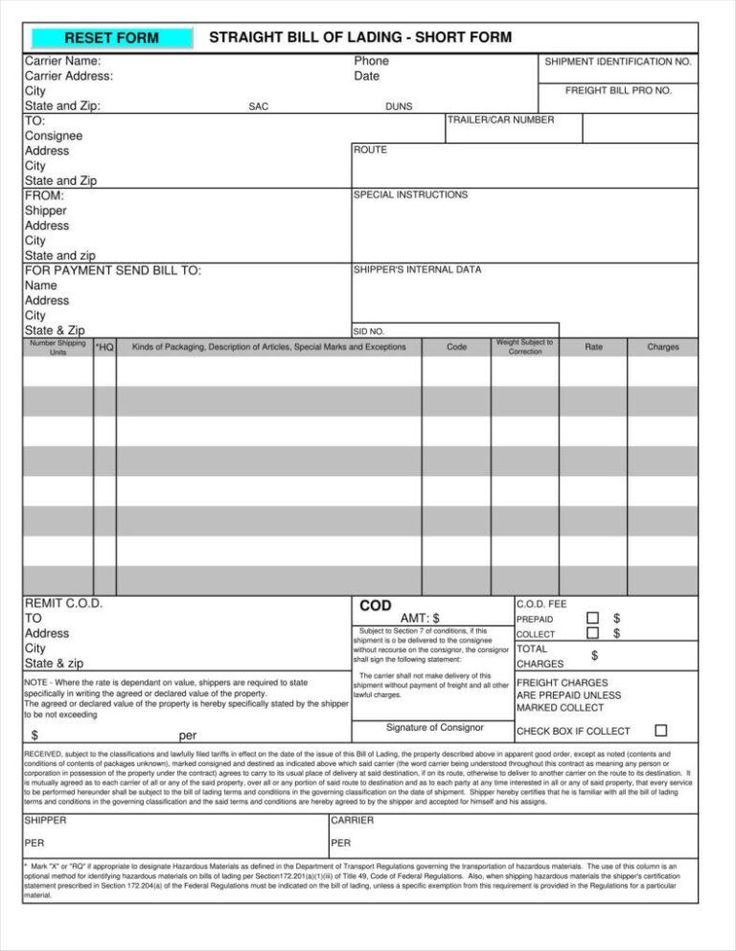 Blank Bill Of Lading Form