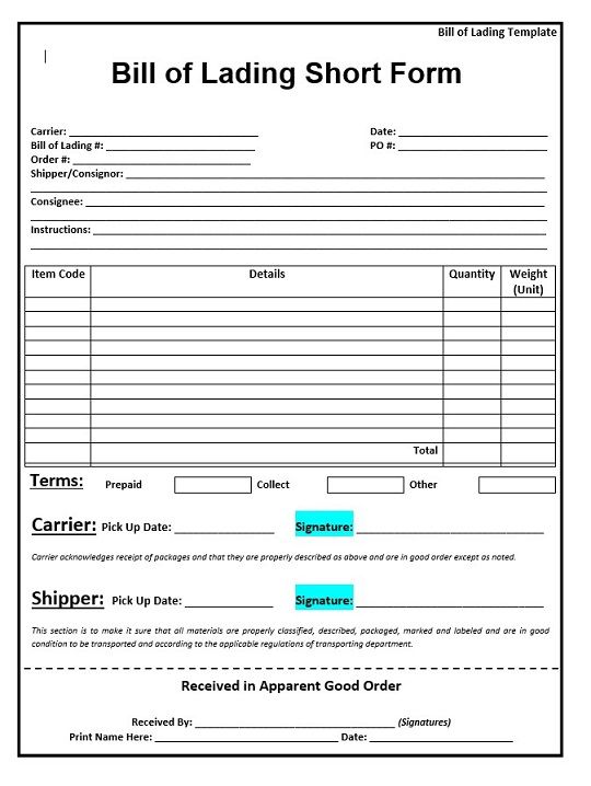 Short Form Bill Of Lading