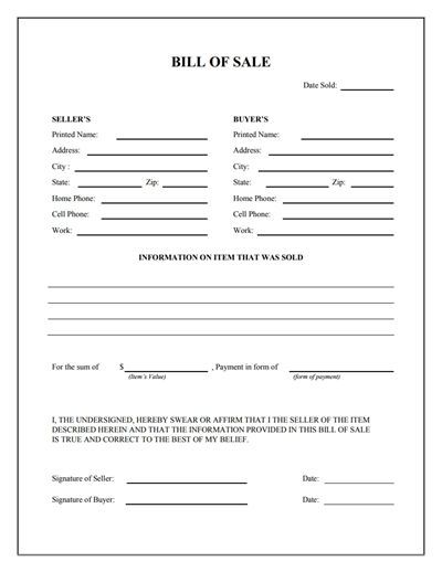 Bill Of Sale Template