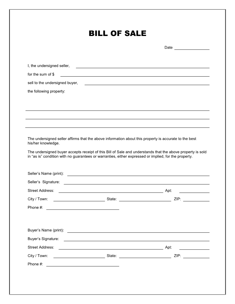 Generic Bill Of Sale Template