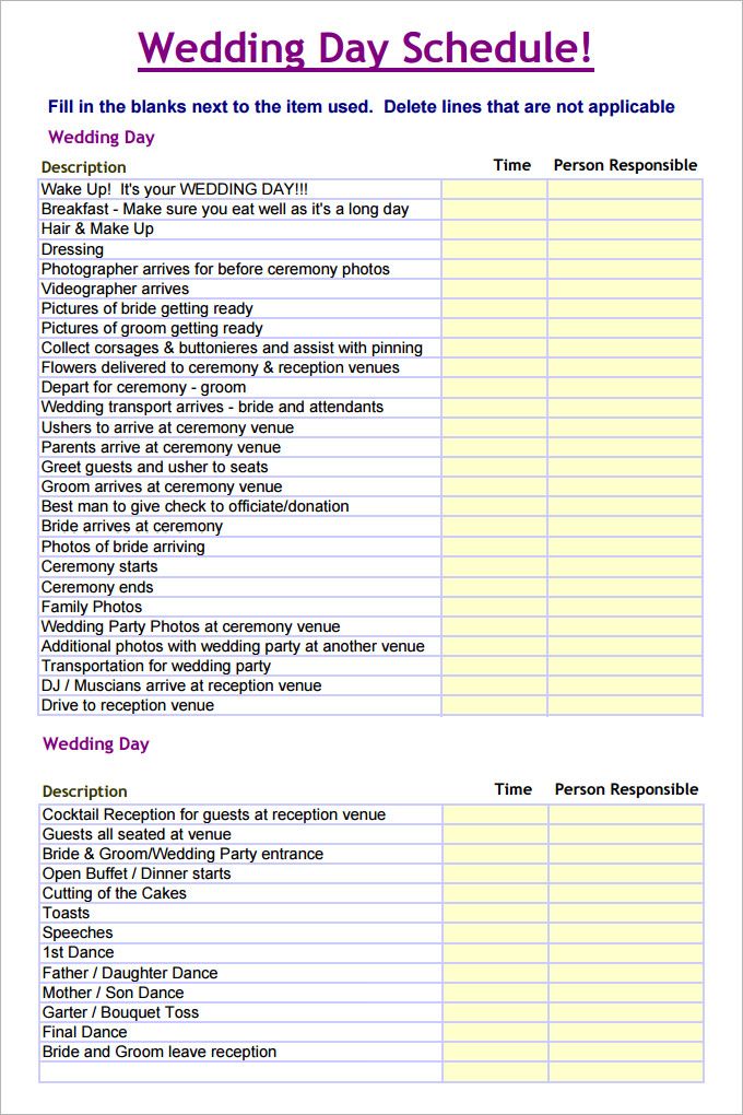 Wedding Day Schedule Template