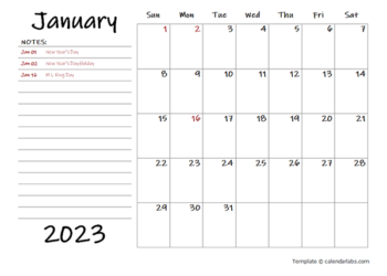 Printable Yearly Calendar 2023 With Notes