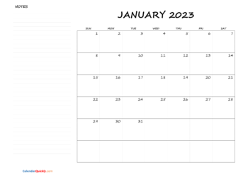 2023 Monthly Calendar Printable With Notes