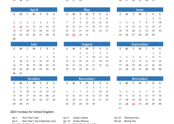 Calendar 2023 UK Bank Holidays Printable