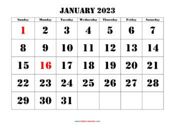 January 2023 Calendar With Holidays Printable