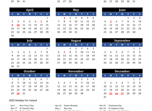 Free Printable 2023 Calendar With Holidays Ireland
