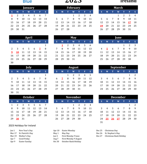 Free Printable 2023 Calendar With Holidays Ireland