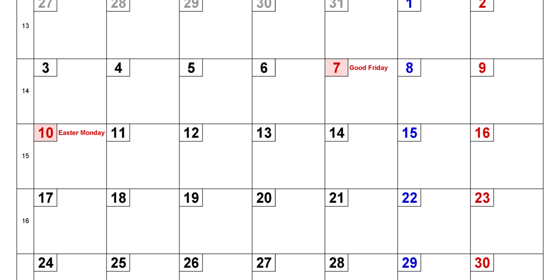 Printable Calendar April 2023 UK