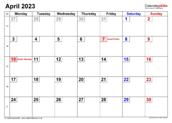 Printable Calendar April 2023 UK