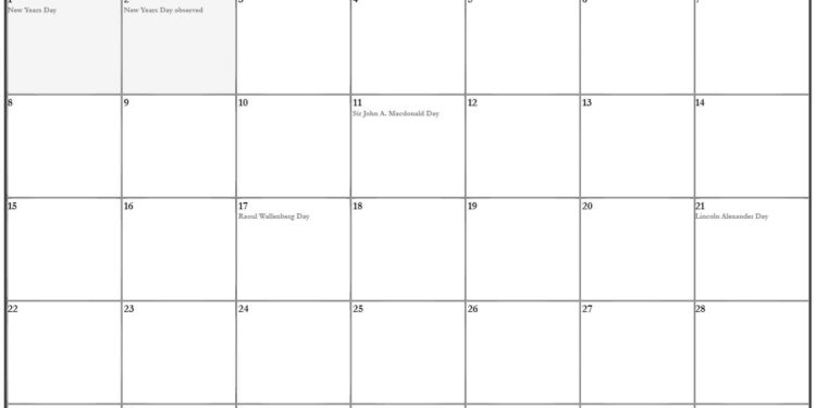 Free Printable Monthly Calendar 2023 Canada