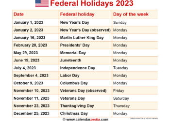 2023 Calendar With Federal Holidays USA Printable