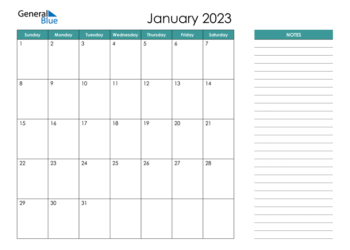 Printable January 2023 Calendar With Notes