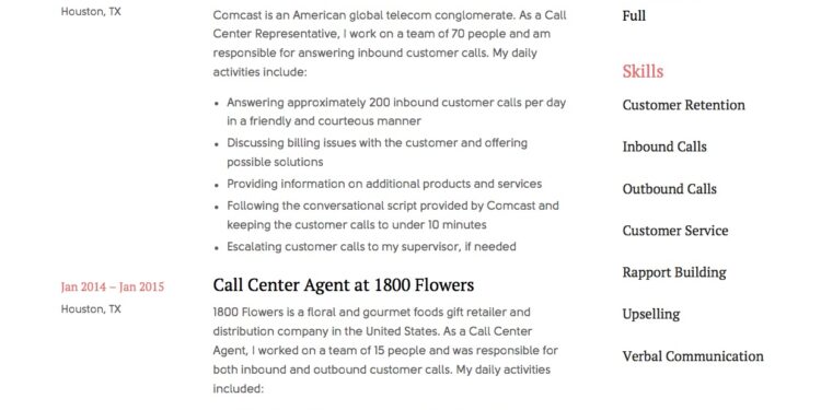 Call Center Resume Sample