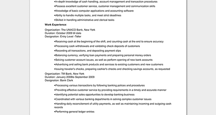Entry Level Bank Resume