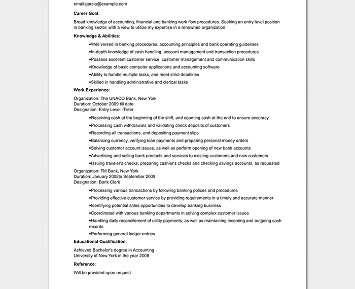 Entry Level Bank Resume