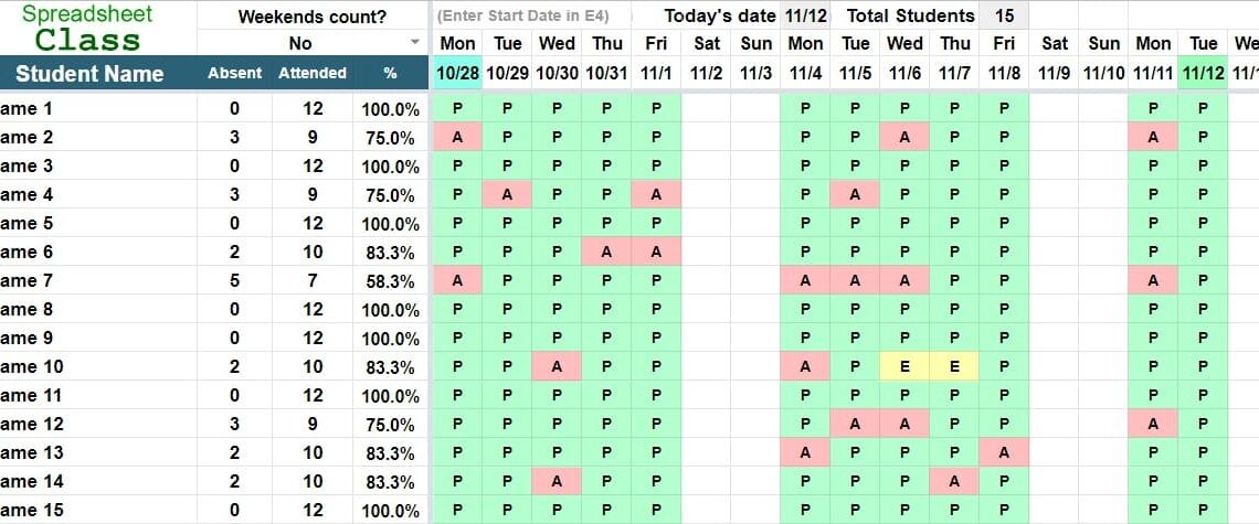 Google Sheets Attendance Template