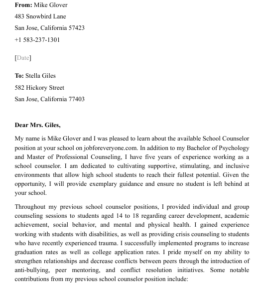 Counsellor Cover Letter