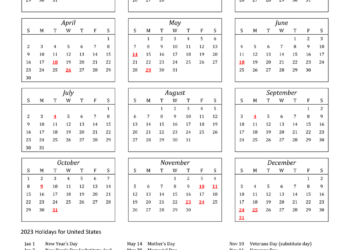 Printable 12 Month 2023 Calendar With Holidays