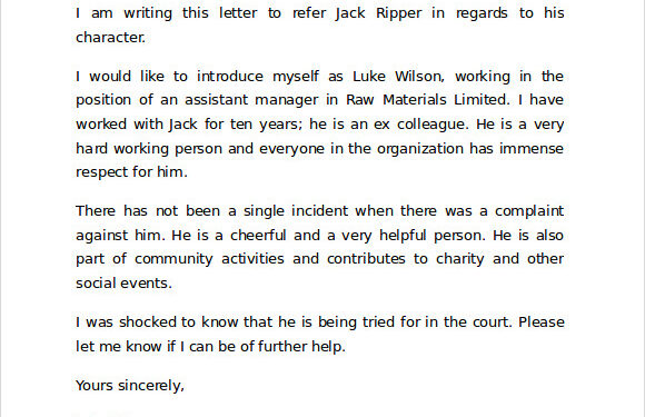 Character Reference Letter Court