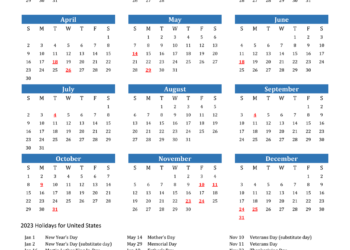 Printable Calendar For Year 2023 United States With Holidays