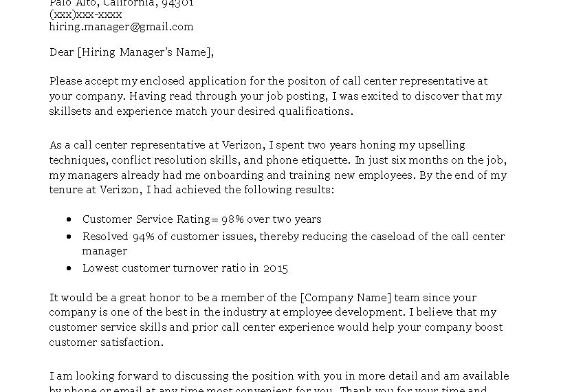 Sample Cover Letter for Call Center